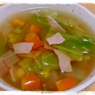 ハムと冷蔵庫にある野菜で具沢山簡単スープ